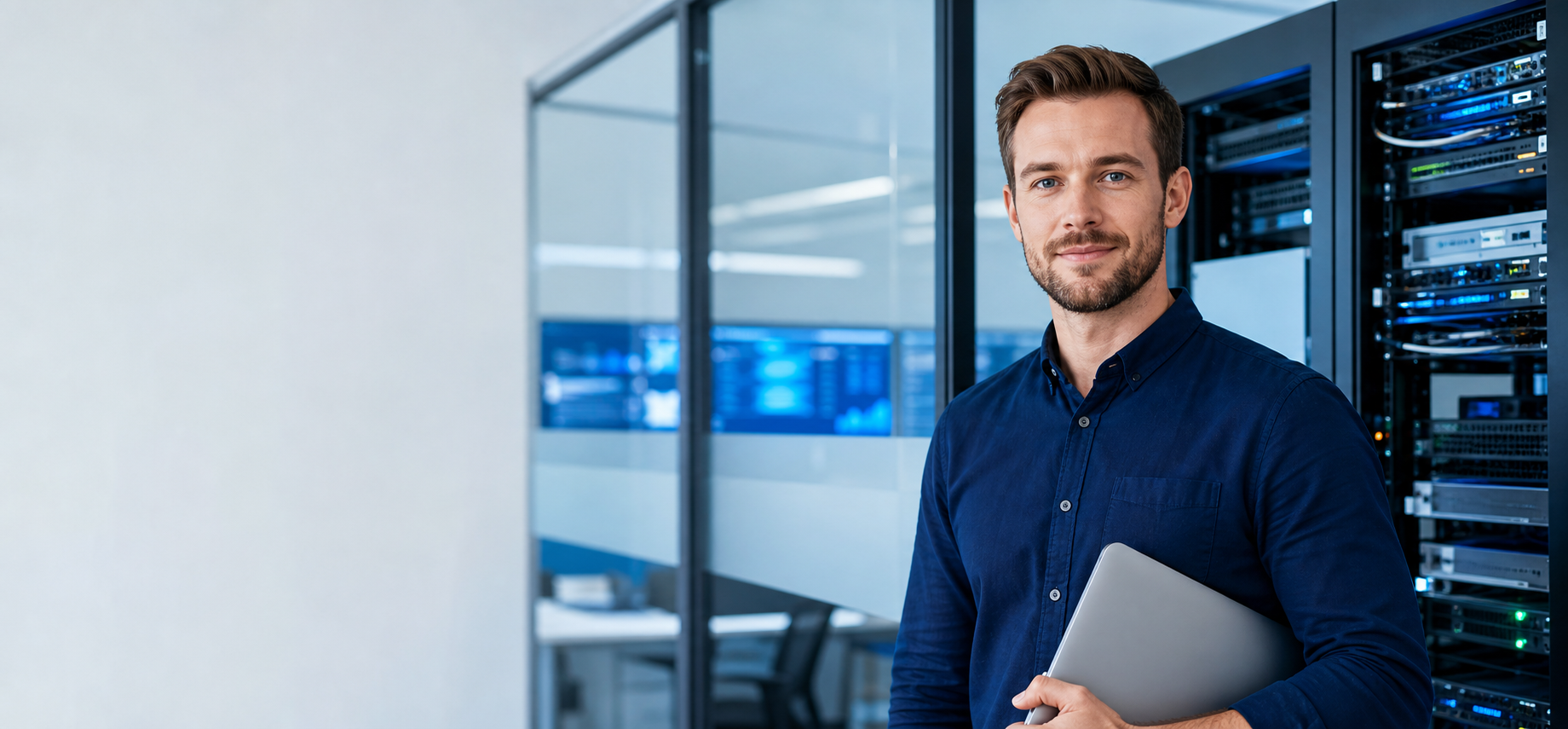 IT security professional in a modern server room