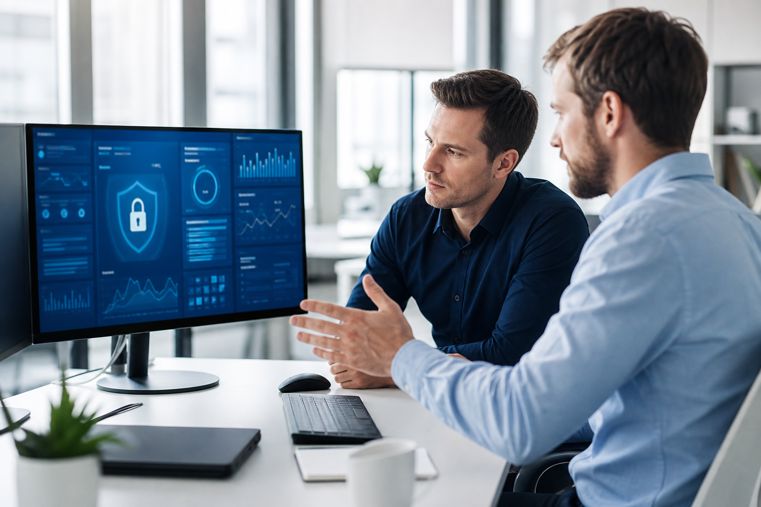 Two IT security professionals reviewing a website security dashboard